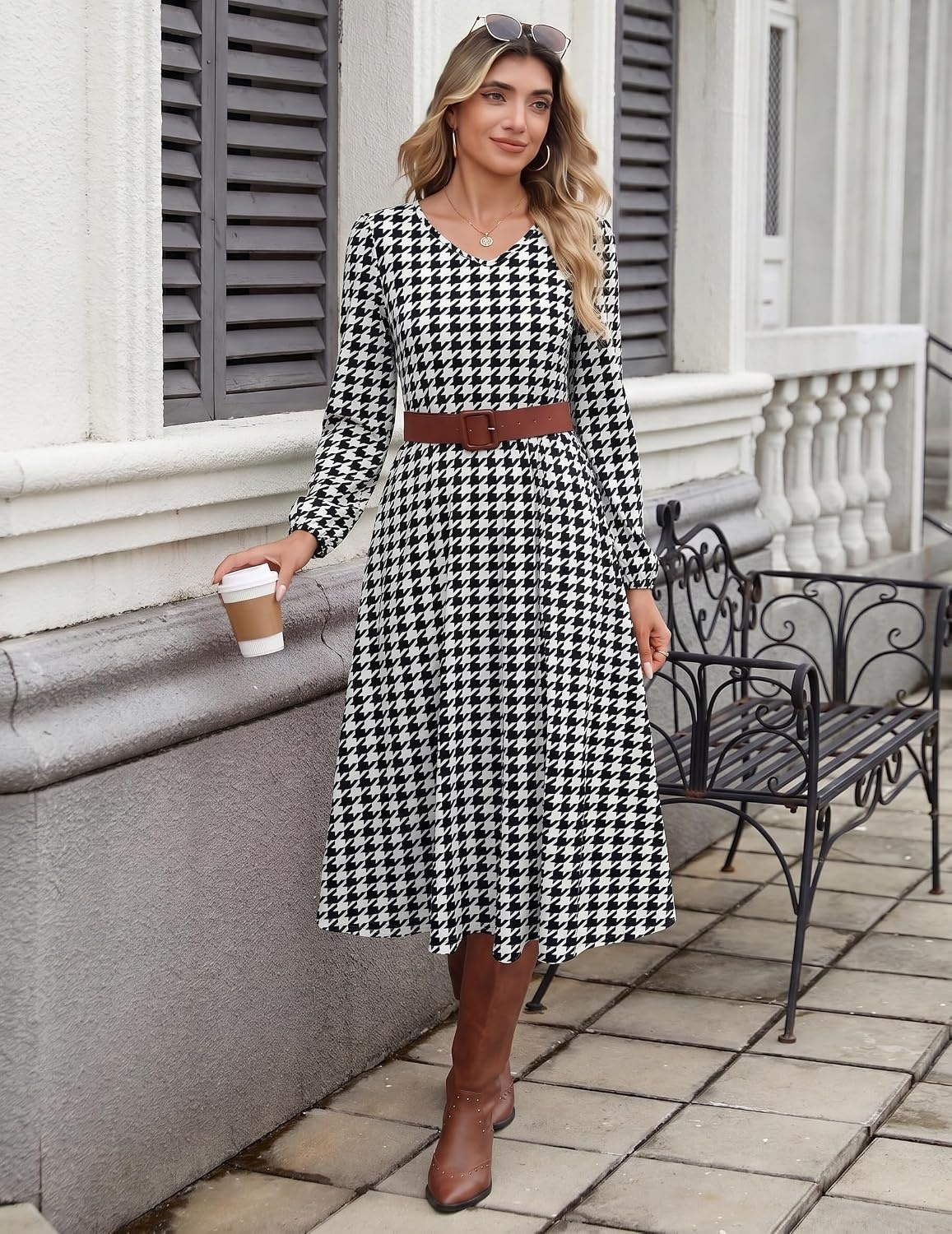 image:imageZeagoo Fall Dresses for Women Casual Long Sleeve A Line V Neck Midi DressHoundstooth