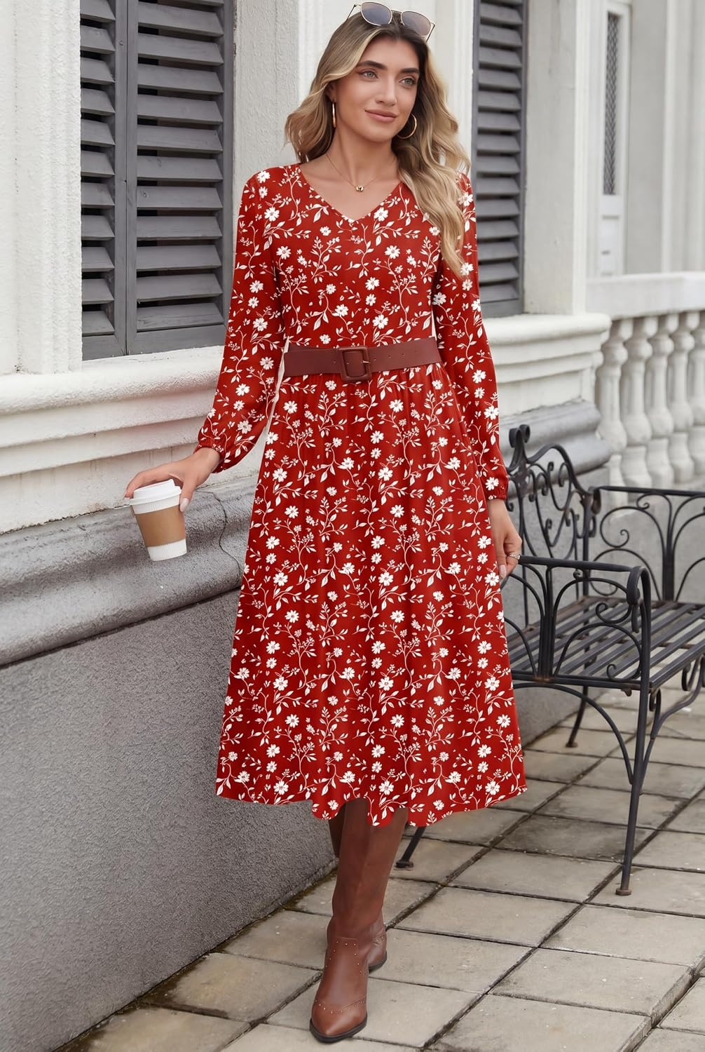 image:imageZeagoo Fall Dresses for Women Casual Long Sleeve A Line V Neck Midi DressRed Floral