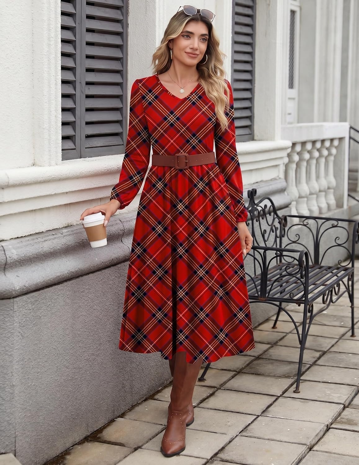image:imageZeagoo Fall Dresses for Women Casual Long Sleeve A Line V Neck Midi DressRed Plaid