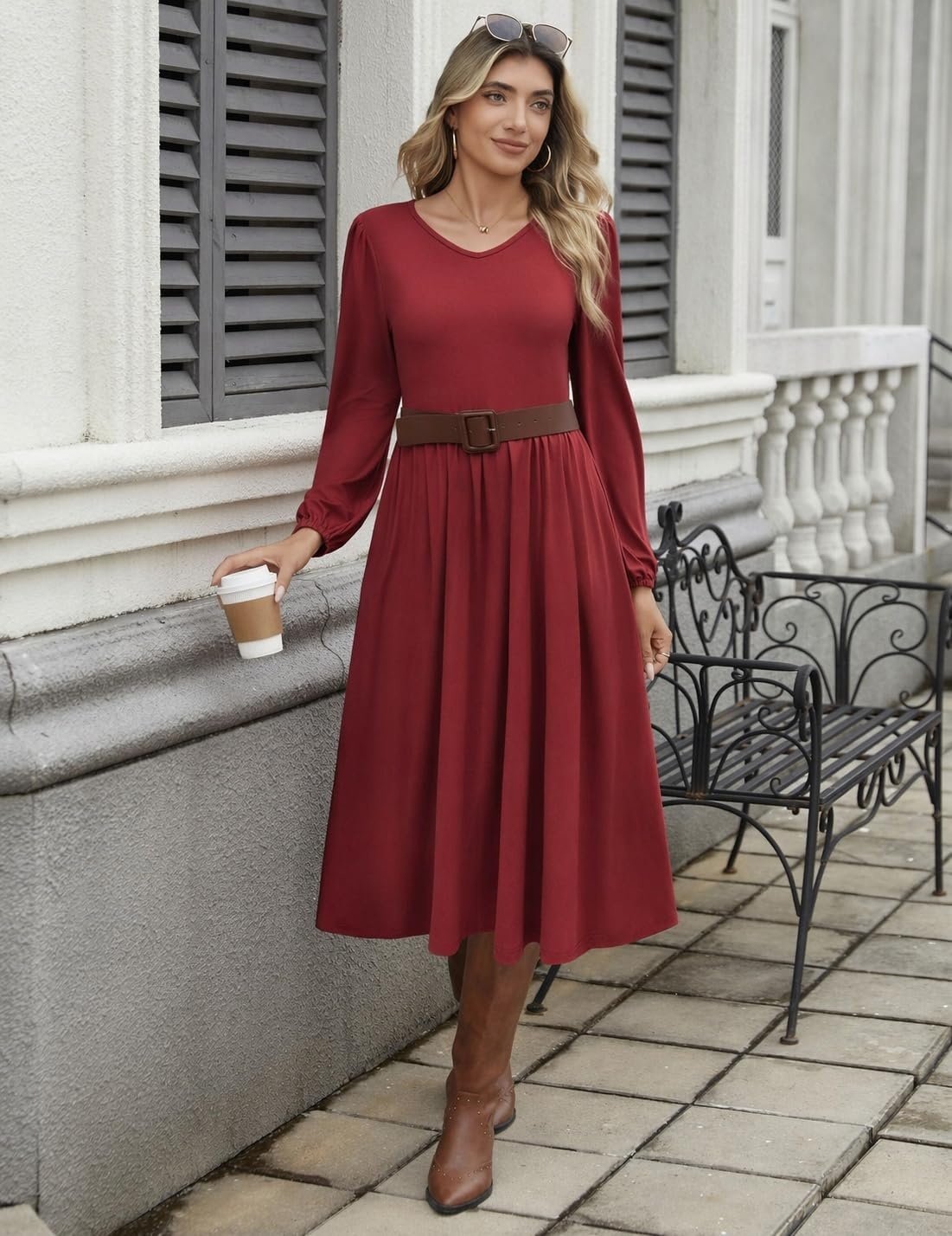 image:imageZeagoo Fall Dresses for Women Casual Long Sleeve A Line V Neck Midi DressWine Red
