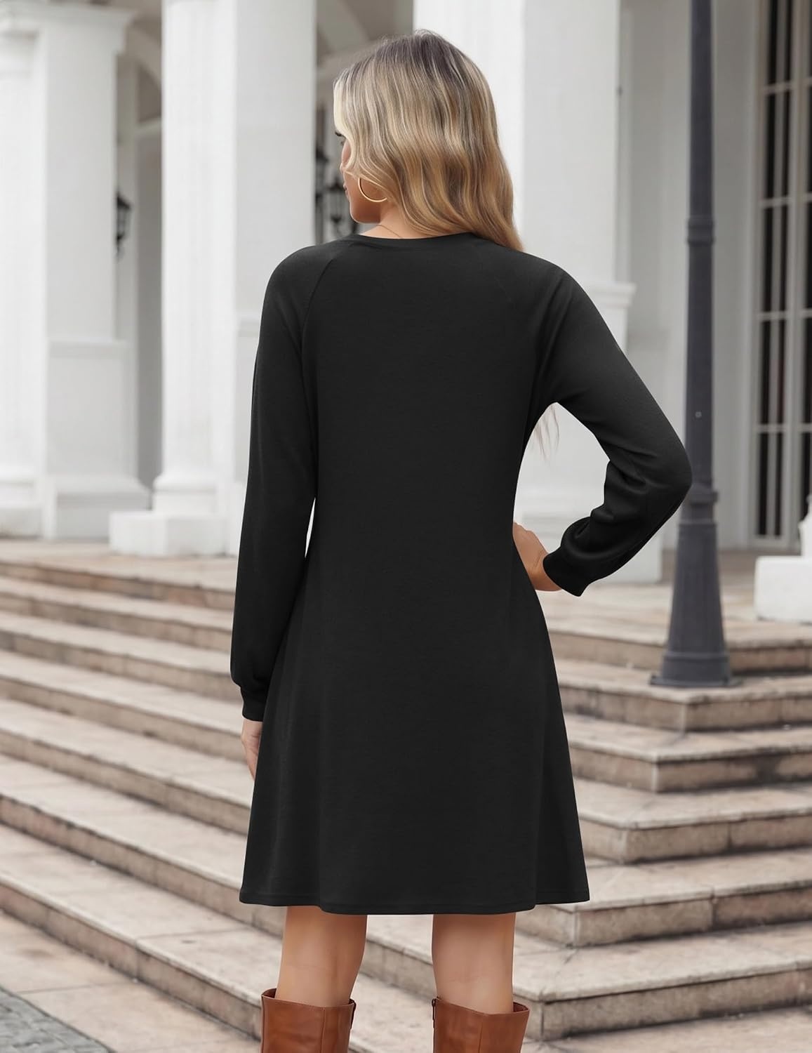 image:imageZeagoo Long Sleeve Tunic Dress Button Crew Neck Casual Fall ALine DressA01black