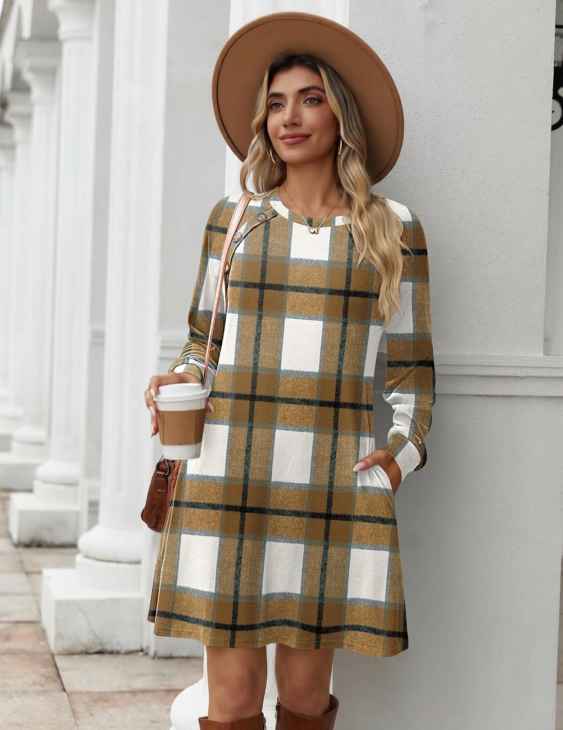 image:imageZeagoo Long Sleeve Tunic Dress Button Crew Neck Casual Fall ALine DressA02browm Plaid