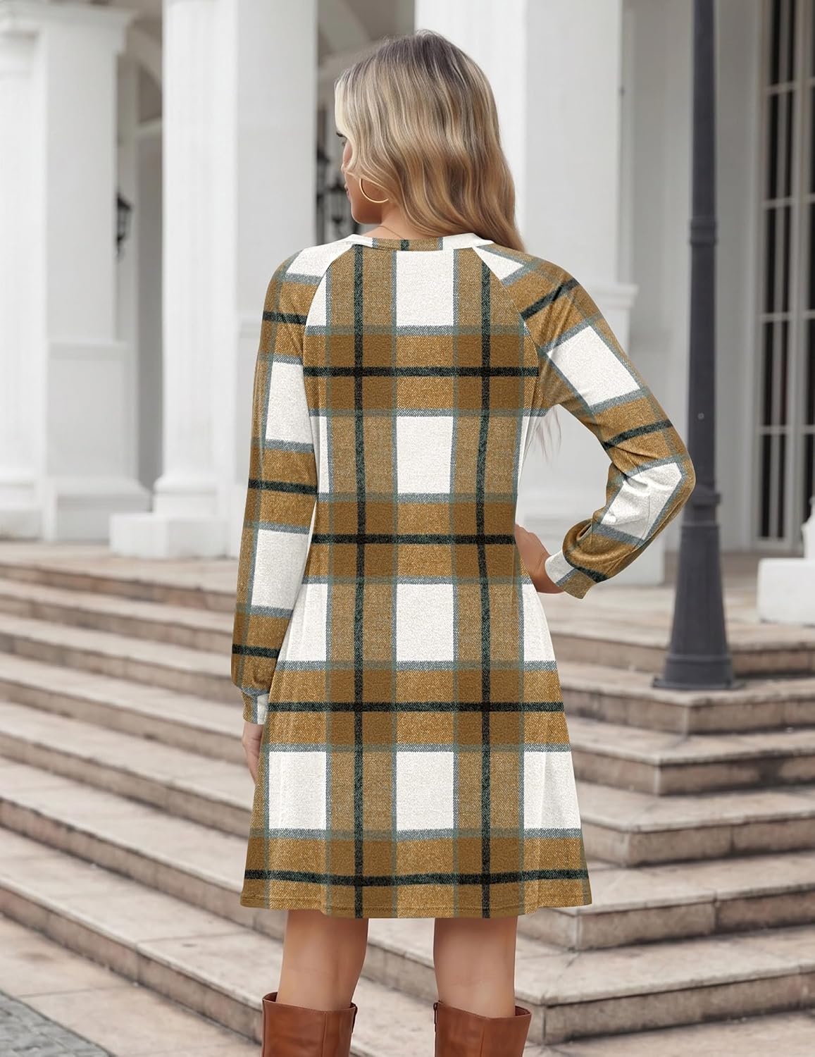 image:imageZeagoo Long Sleeve Tunic Dress Button Crew Neck Casual Fall ALine DressA02browm Plaid