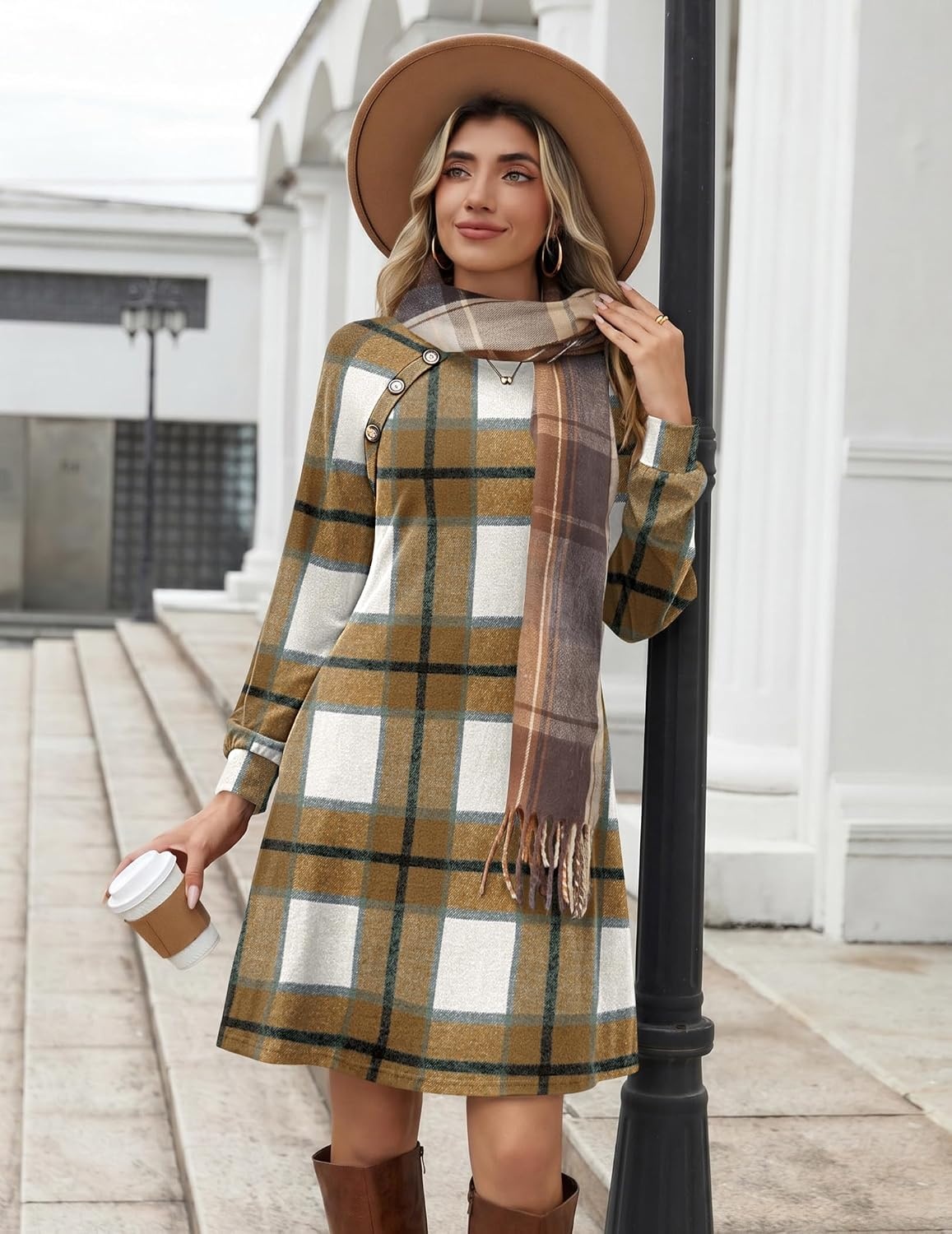 image:imageZeagoo Long Sleeve Tunic Dress Button Crew Neck Casual Fall ALine DressA02browm Plaid