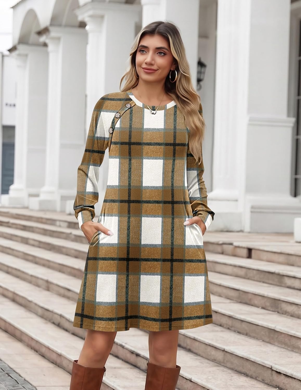 image:imageZeagoo Long Sleeve Tunic Dress Button Crew Neck Casual Fall ALine DressA02browm Plaid