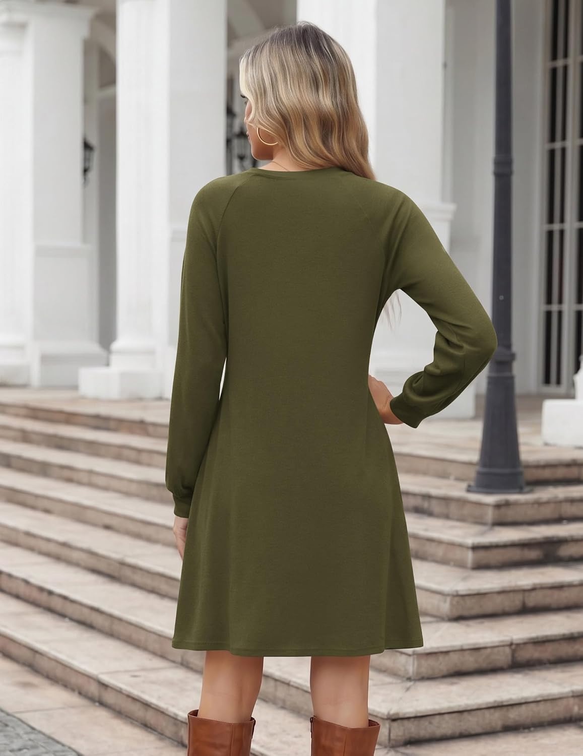image:imageZeagoo Long Sleeve Tunic Dress Button Crew Neck Casual Fall ALine DressArmy Green