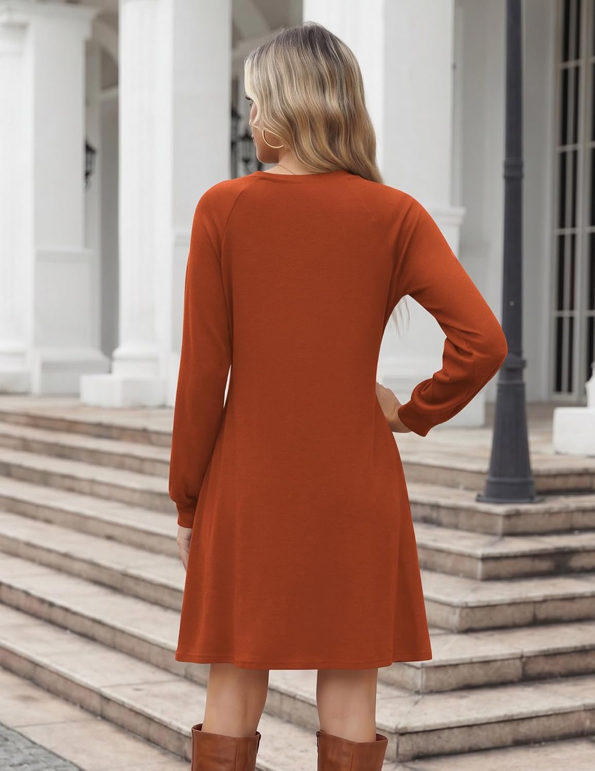 image:imageZeagoo Long Sleeve Tunic Dress Button Crew Neck Casual Fall ALine DressCaramel