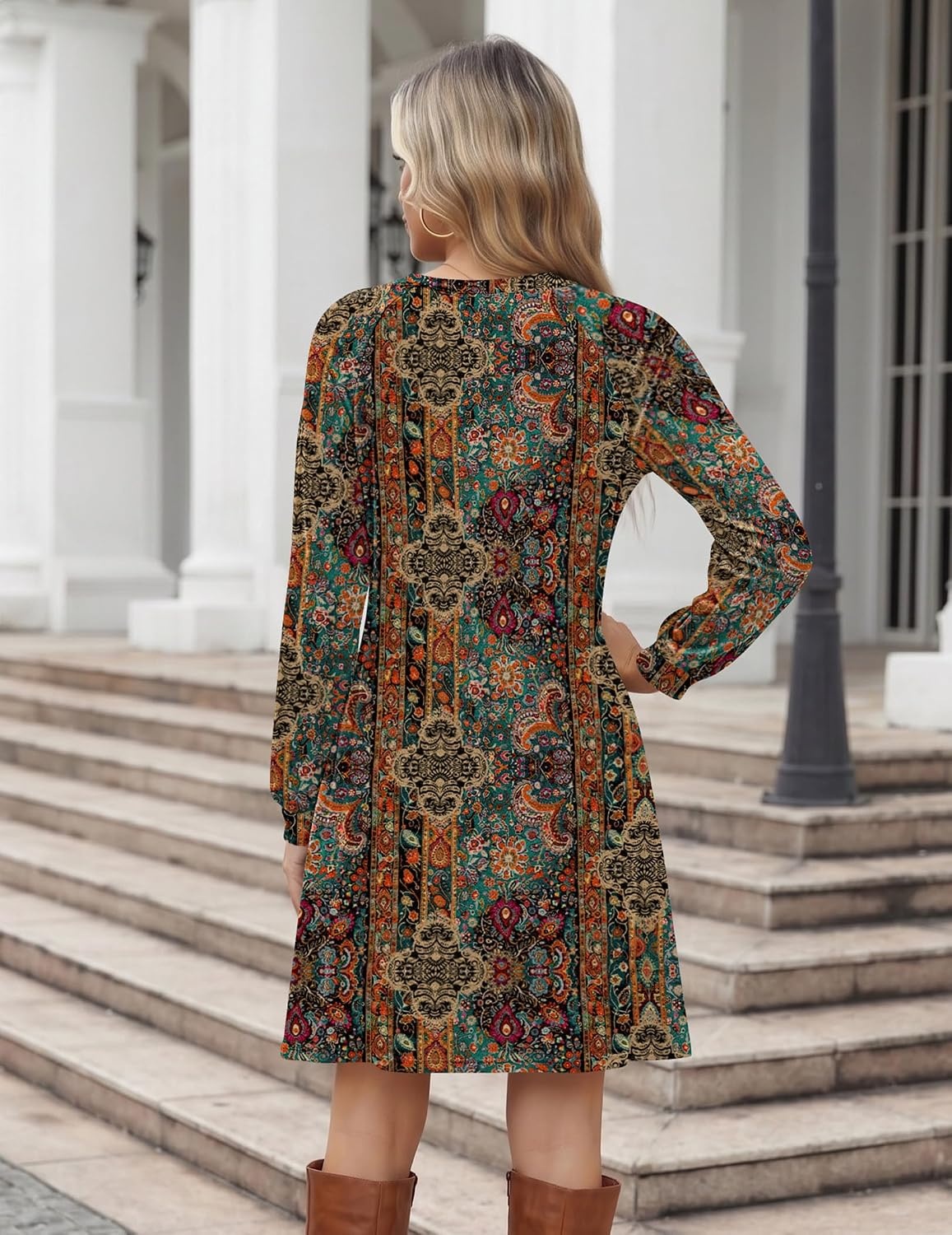 image:imageZeagoo Long Sleeve Tunic Dress Button Crew Neck Casual Fall ALine DressChic Printed