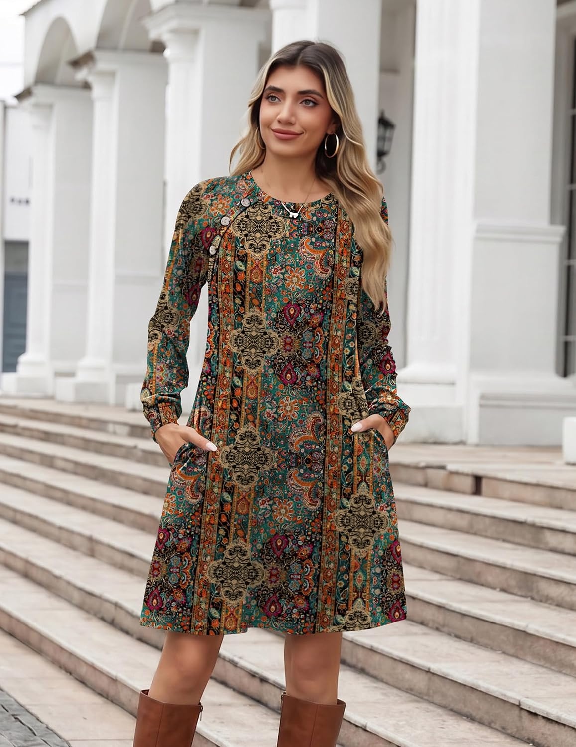 image:imageZeagoo Long Sleeve Tunic Dress Button Crew Neck Casual Fall ALine DressChic Printed