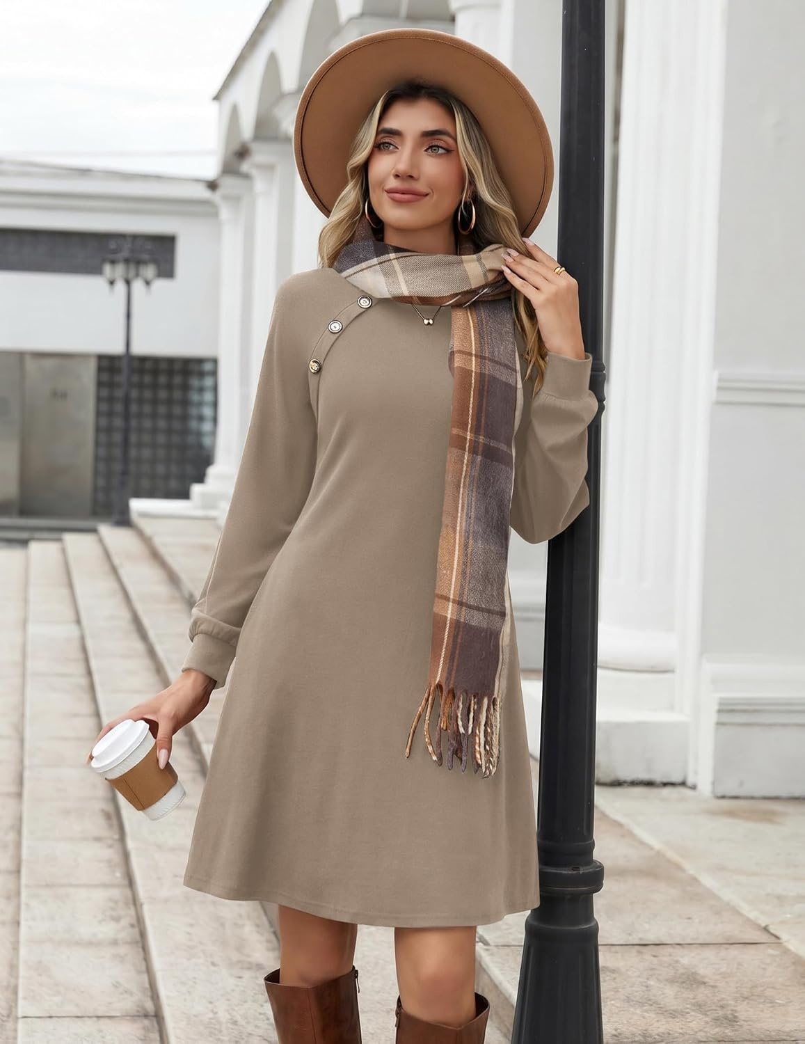 image:imageZeagoo Long Sleeve Tunic Dress Button Crew Neck Casual Fall ALine DressKhaki
