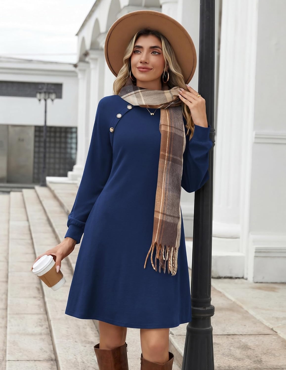 image:imageZeagoo Long Sleeve Tunic Dress Button Crew Neck Casual Fall ALine DressNavy Blue