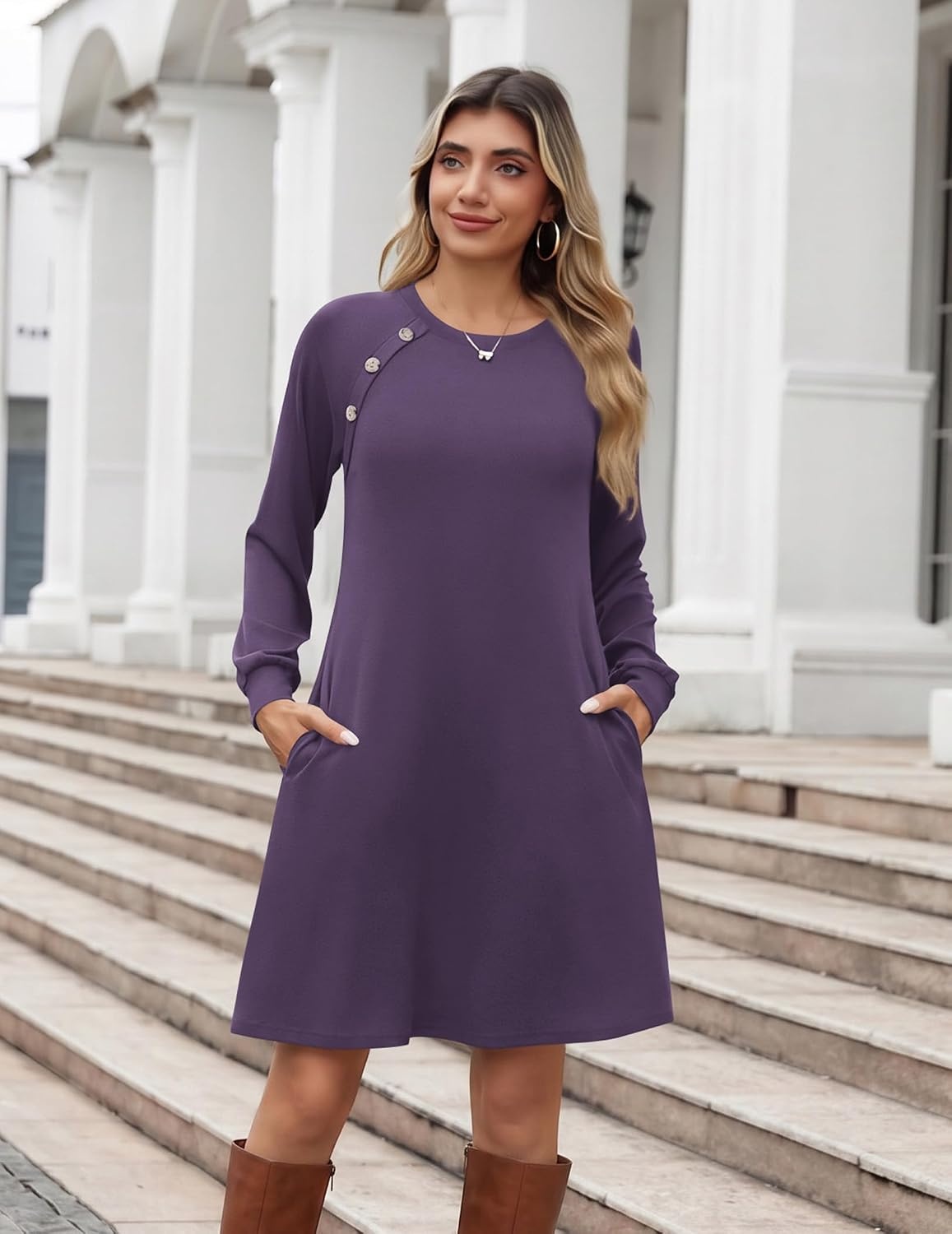 image:imageZeagoo Long Sleeve Tunic Dress Button Crew Neck Casual Fall ALine DressPurple