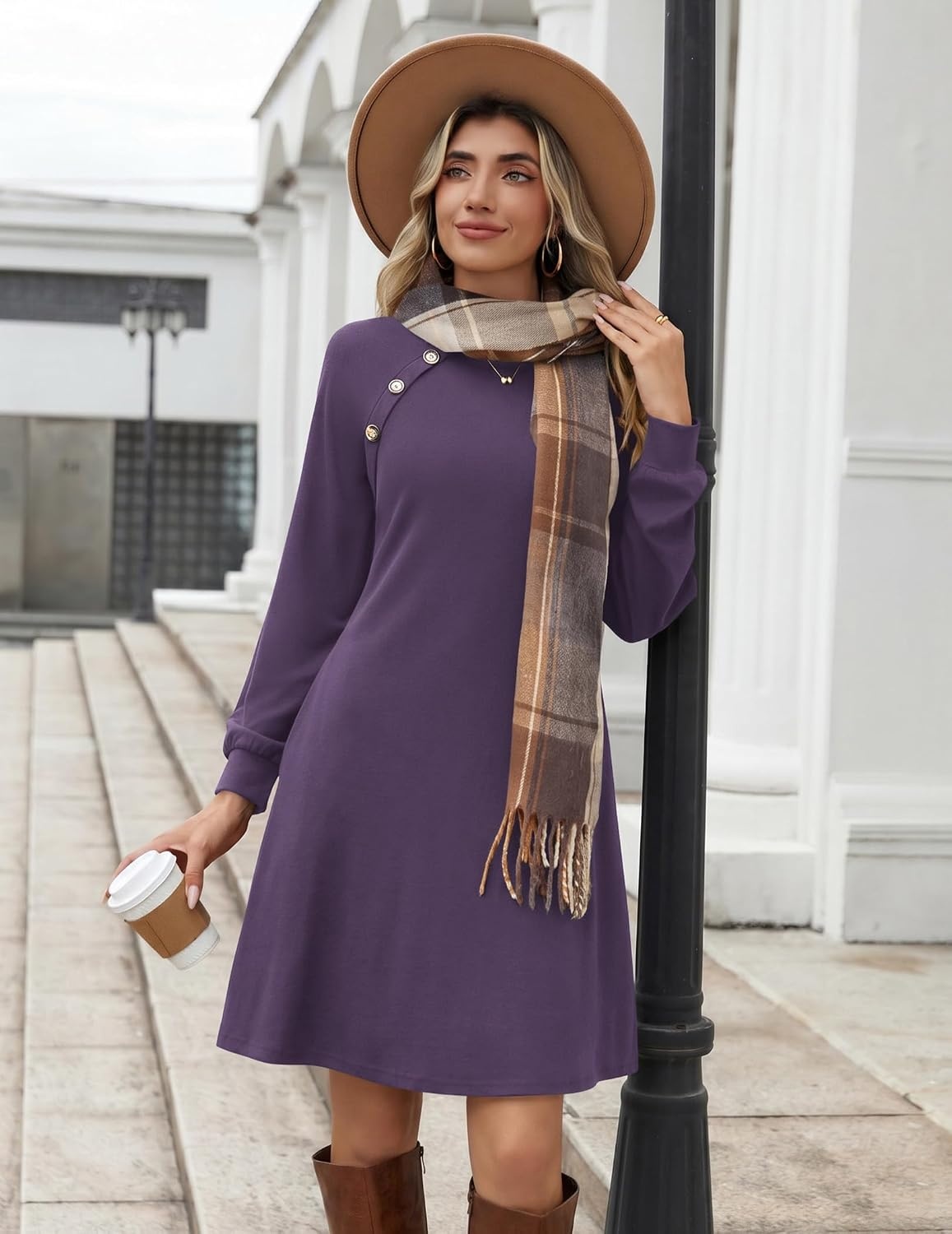 image:imageZeagoo Long Sleeve Tunic Dress Button Crew Neck Casual Fall ALine DressPurple