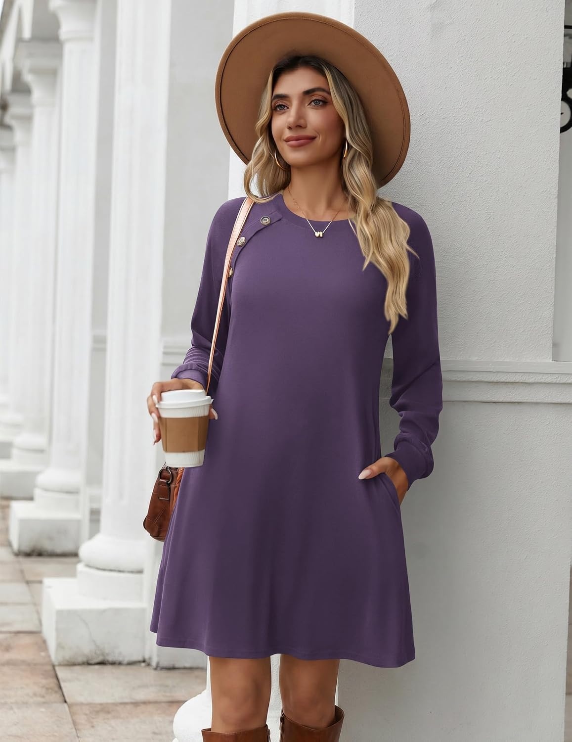 image:imageZeagoo Long Sleeve Tunic Dress Button Crew Neck Casual Fall ALine DressPurple