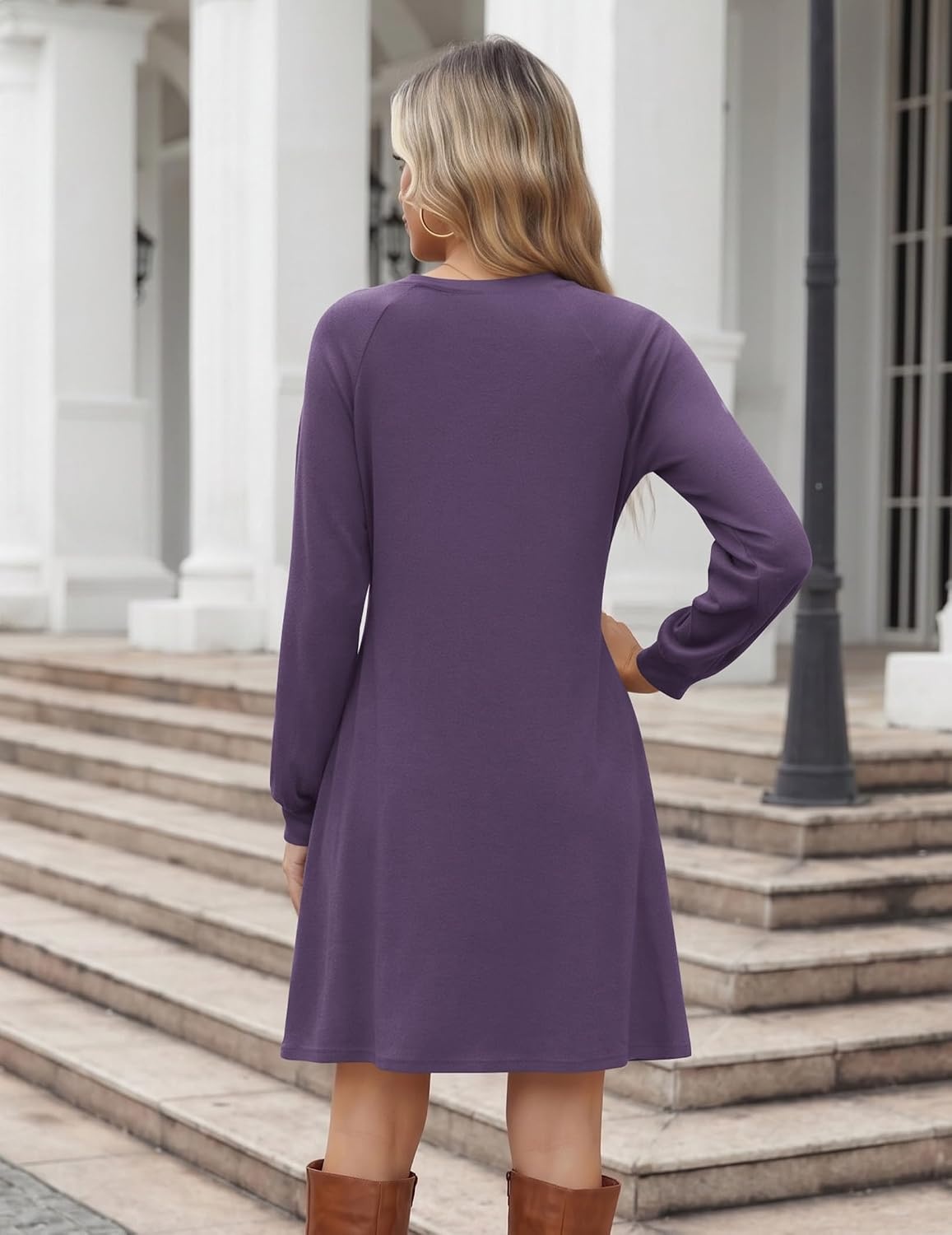 image:imageZeagoo Long Sleeve Tunic Dress Button Crew Neck Casual Fall ALine DressPurple