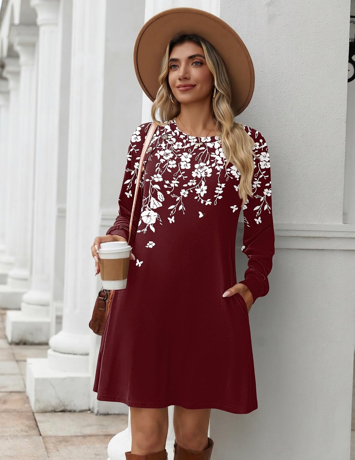 image:imageZeagoo Long Sleeve Tunic Dress Button Crew Neck Casual Fall ALine DressRed Floral