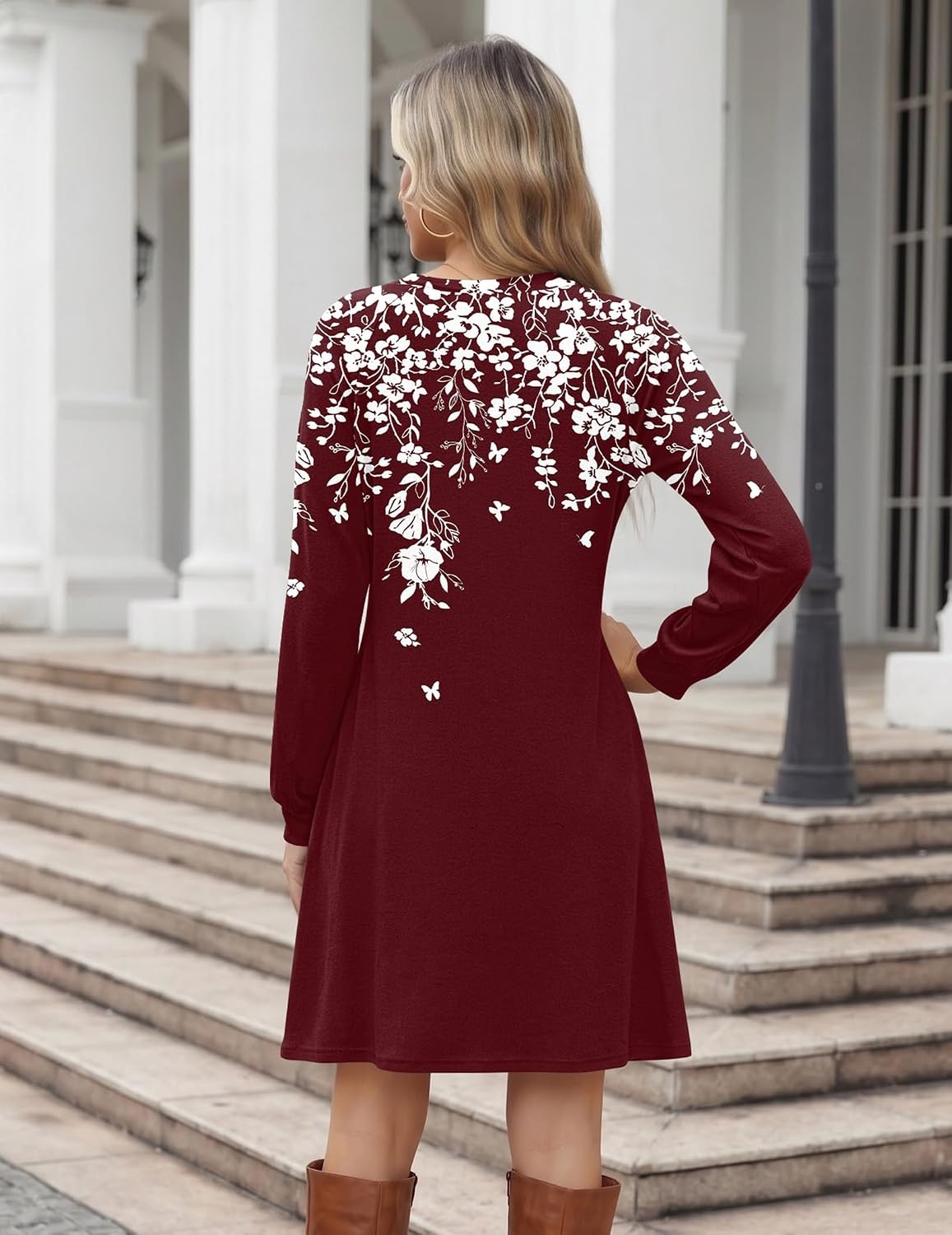 image:imageZeagoo Long Sleeve Tunic Dress Button Crew Neck Casual Fall ALine DressRed Floral