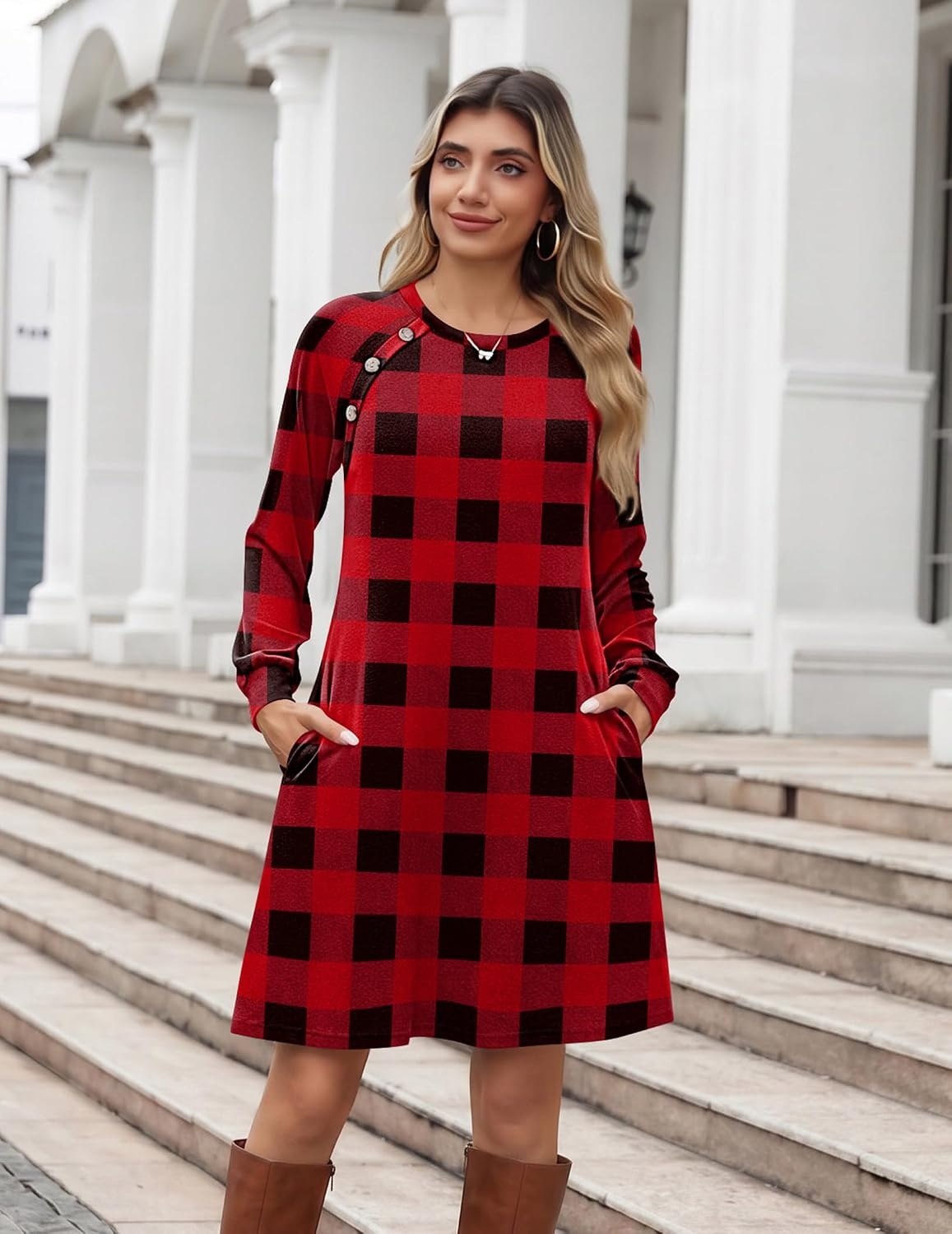 image:imageZeagoo Long Sleeve Tunic Dress Button Crew Neck Casual Fall ALine DressRed Plaid