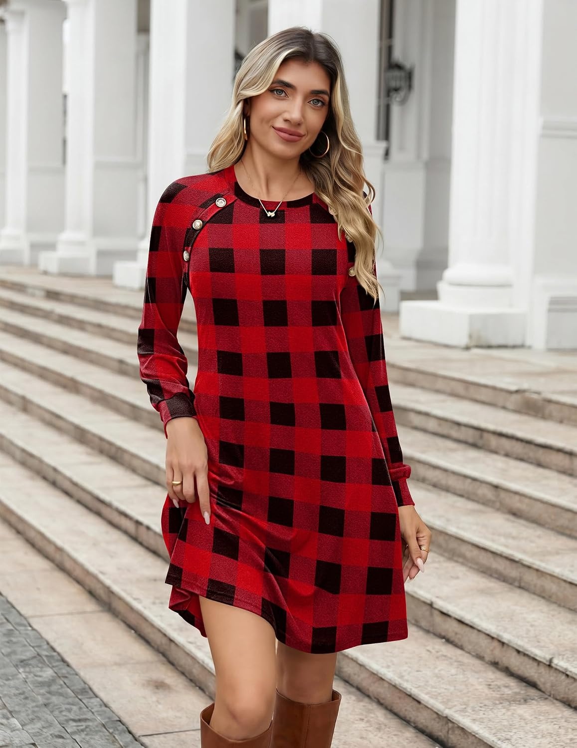 image:imageZeagoo Long Sleeve Tunic Dress Button Crew Neck Casual Fall ALine DressRed Plaid