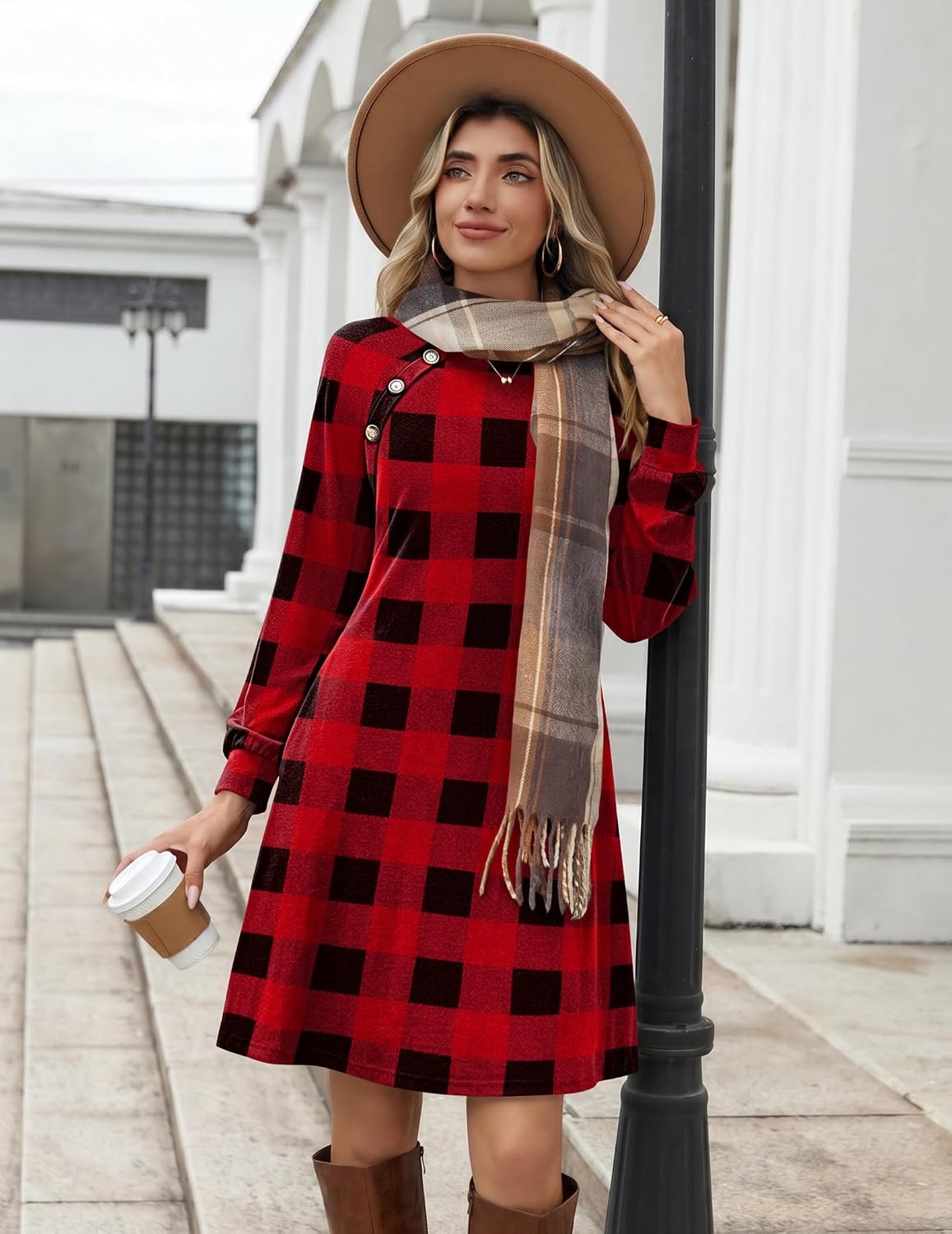 image:imageZeagoo Long Sleeve Tunic Dress Button Crew Neck Casual Fall ALine DressRed Plaid