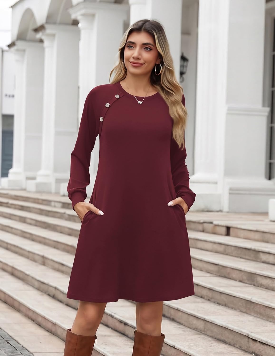 image:imageZeagoo Long Sleeve Tunic Dress Button Crew Neck Casual Fall ALine DressWine Red