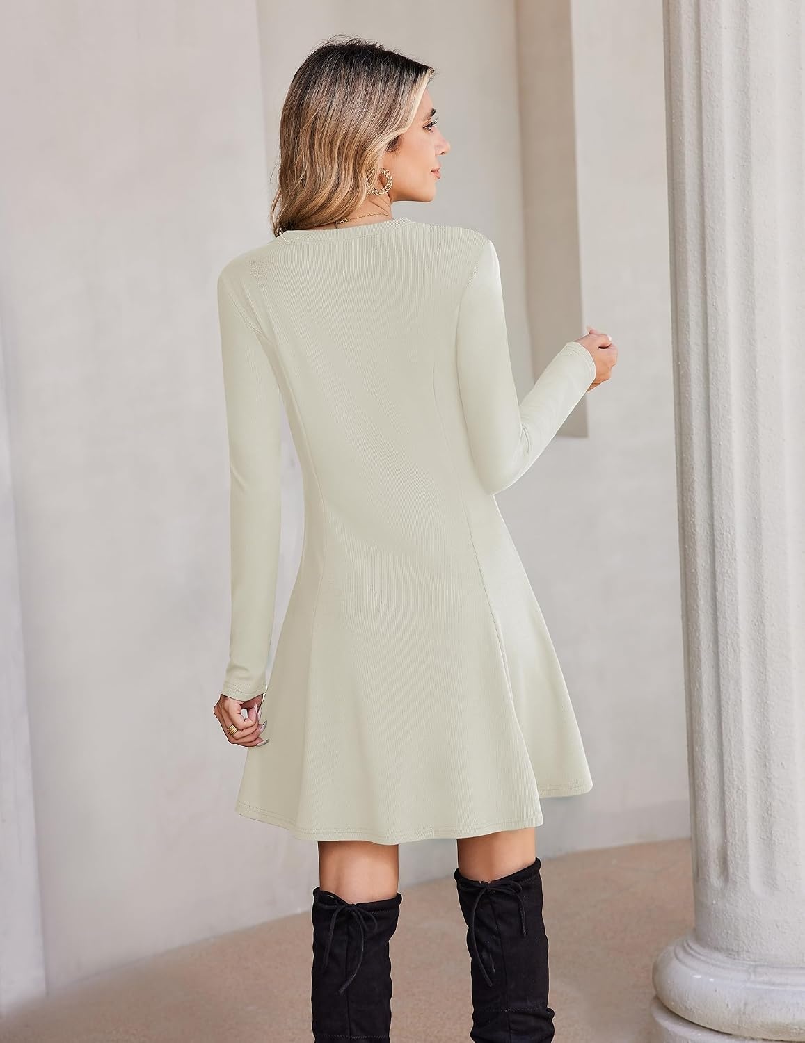image:imageZeagoo Sweater Dress for Women Fall 2026 Long Sleeve Crew Neck Ribbed Knit Fit and Flare ALine DressesBeige