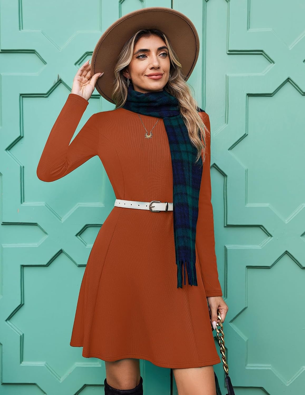 image:imageZeagoo Sweater Dress for Women Fall 2026 Long Sleeve Crew Neck Ribbed Knit Fit and Flare ALine DressesCaramel
