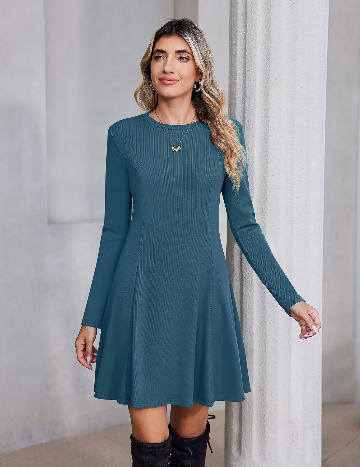image:imageZeagoo Sweater Dress for Women Fall 2026 Long Sleeve Crew Neck Ribbed Knit Fit and Flare ALine DressesGrayblue