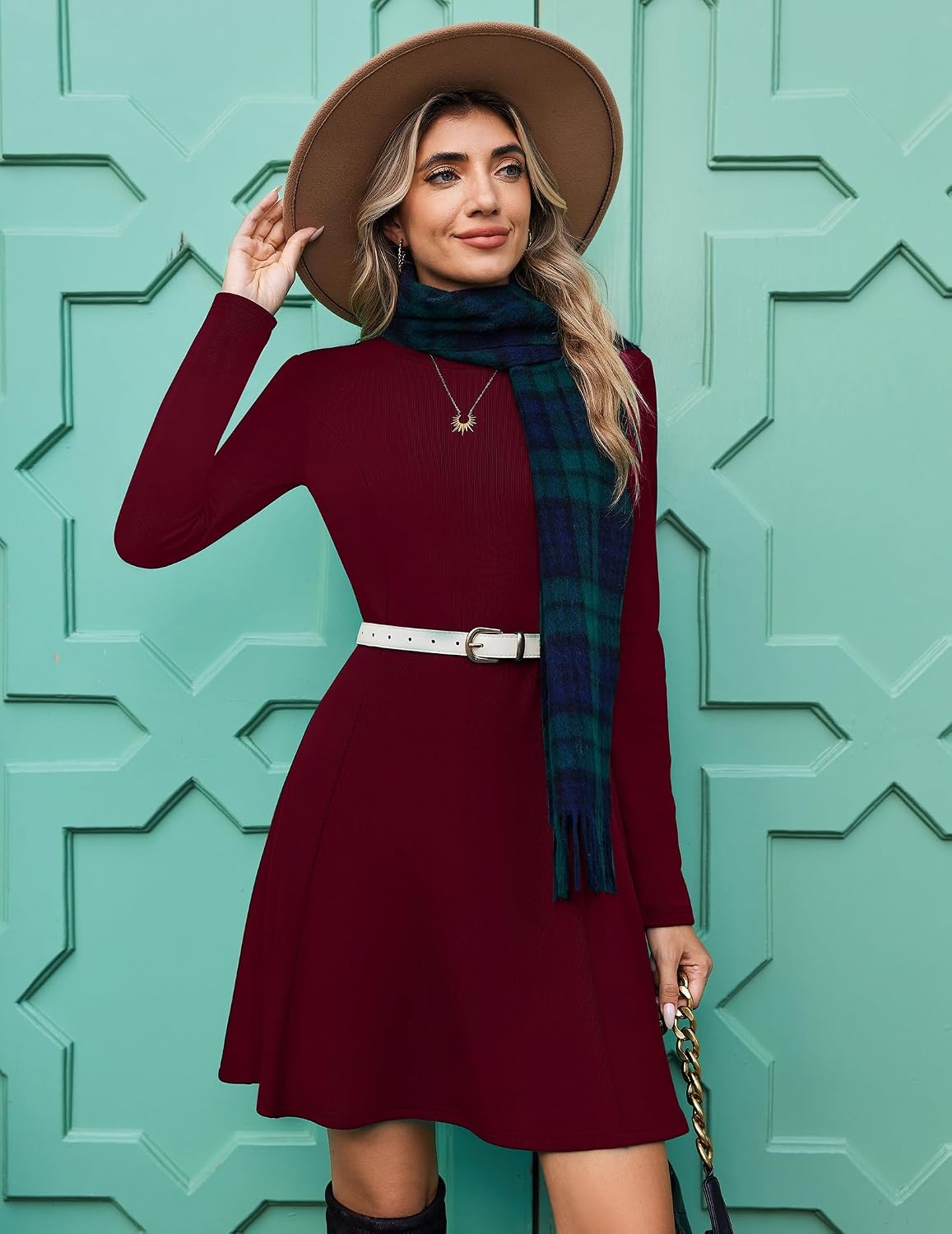 image:imageZeagoo Sweater Dress for Women Fall 2026 Long Sleeve Crew Neck Ribbed Knit Fit and Flare ALine DressesRed