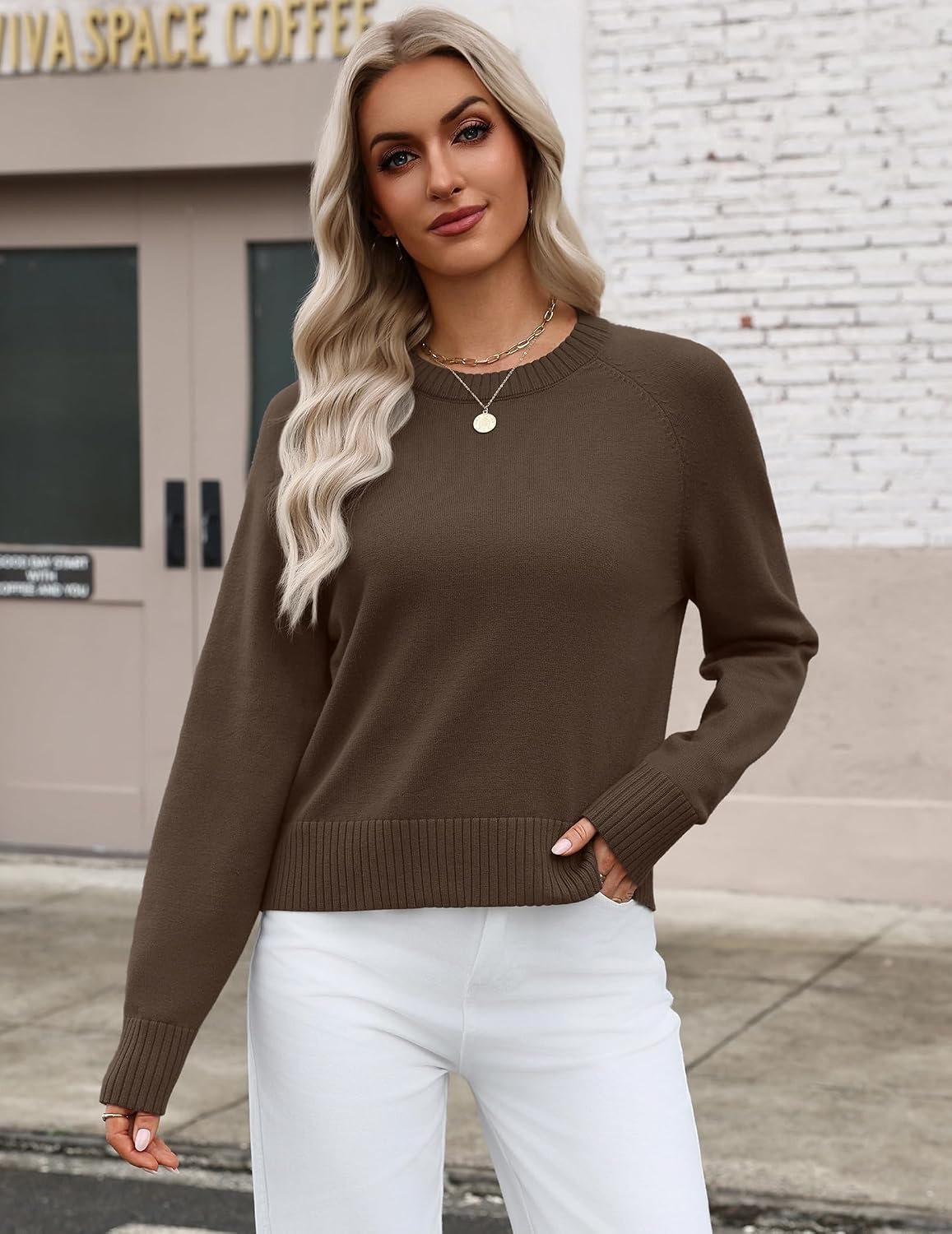 image:imageZeagoo Sweaters for Women Cropped Crewneck Basic 2026 Trendy Fall TopsBrown