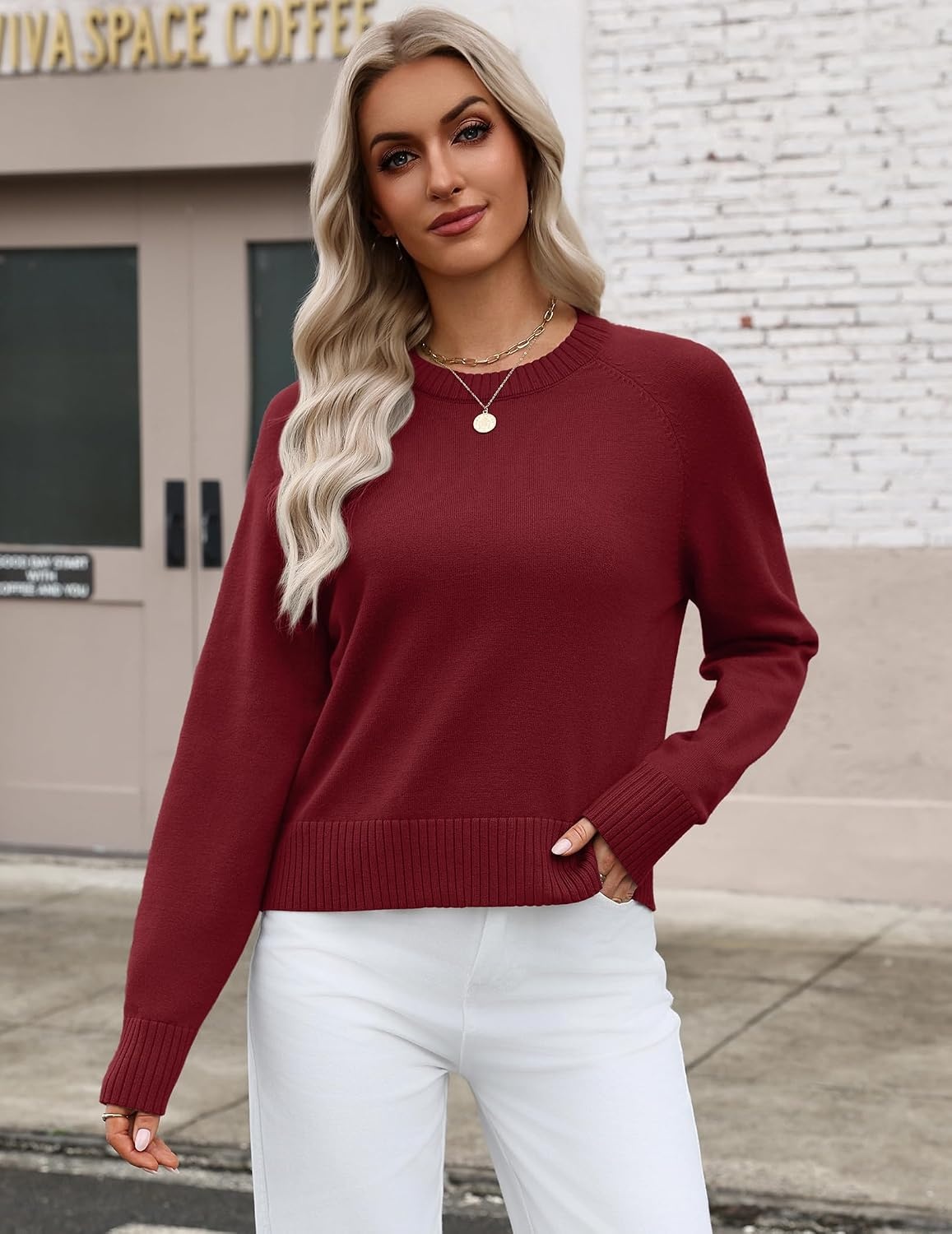 image:imageZeagoo Sweaters for Women Cropped Crewneck Basic 2026 Trendy Fall TopsWine Red