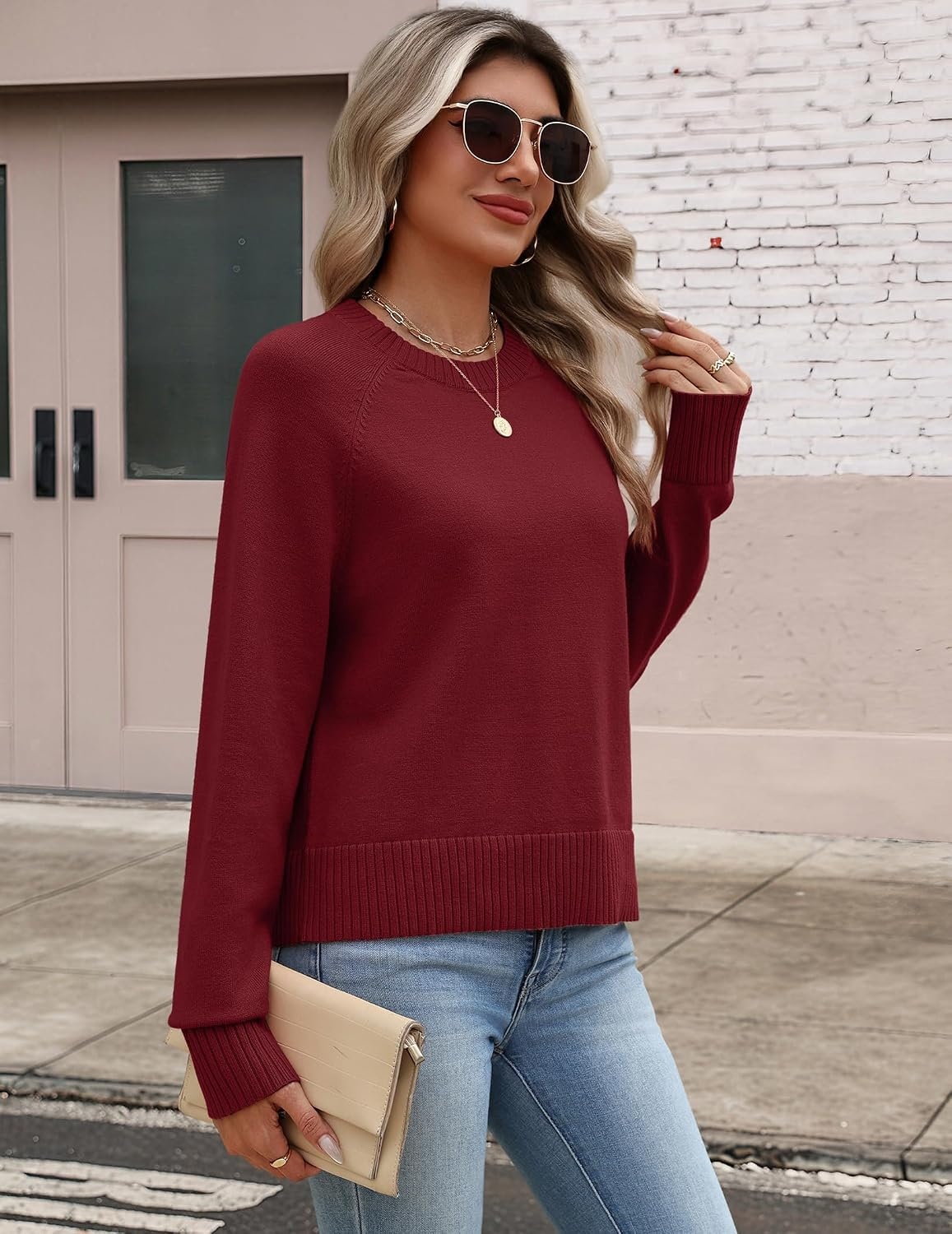 image:imageZeagoo Sweaters for Women Cropped Crewneck Basic 2026 Trendy Fall TopsWine Red
