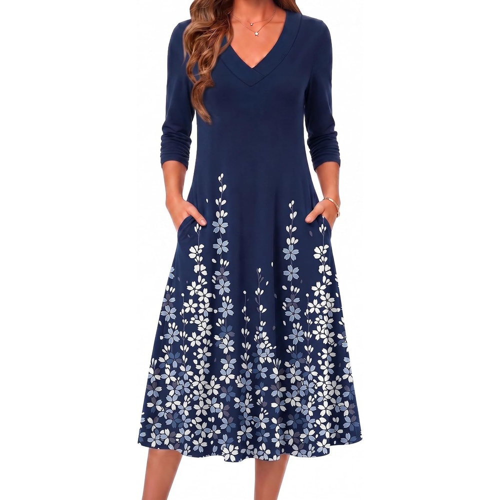 image:imageZeagoo Dresses for Womens Long Sleeve Midi Dress Fall Casual A Line DressBlue Floral