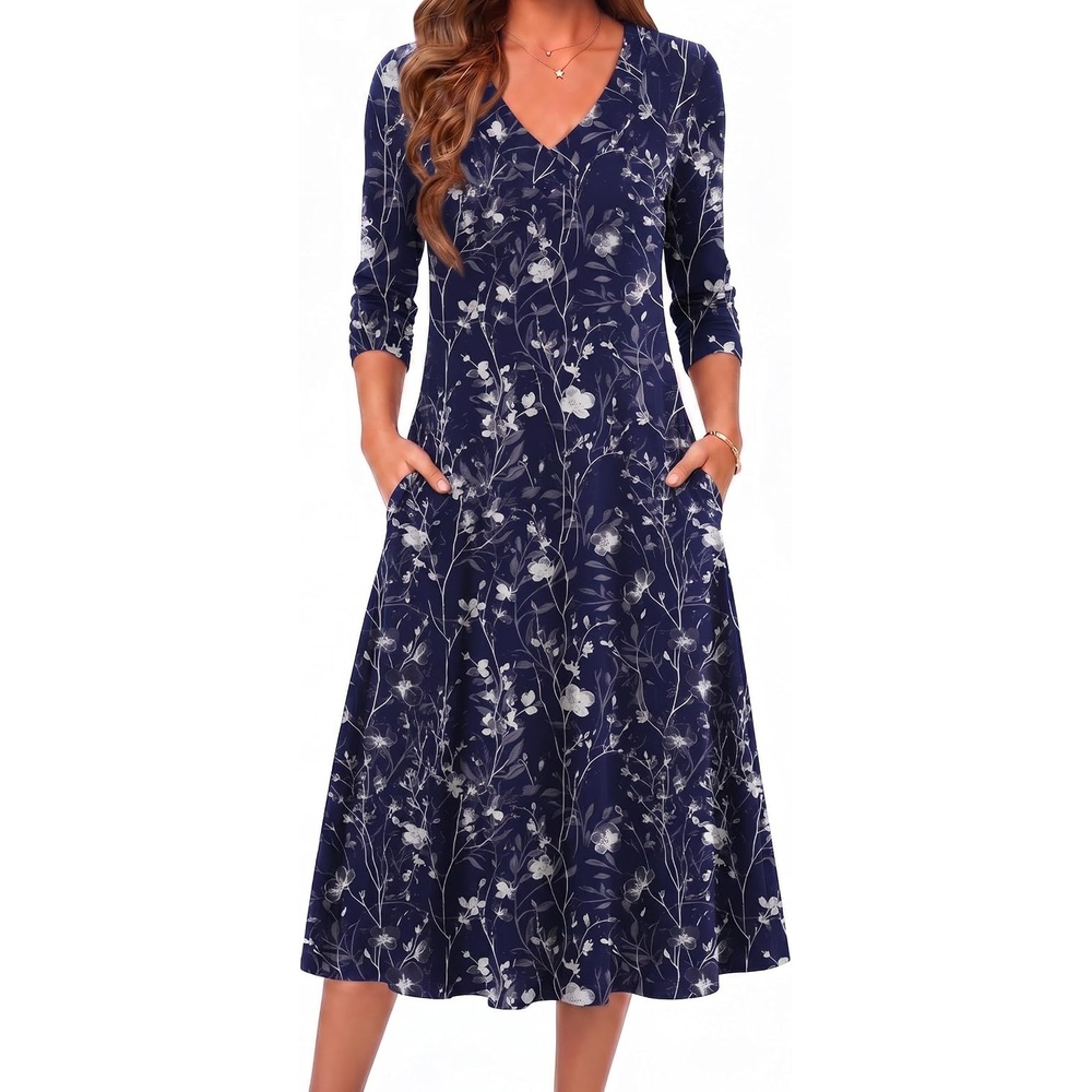 image:imageZeagoo Dresses for Womens Long Sleeve Midi Dress Fall Casual A Line DressBlue Loral2