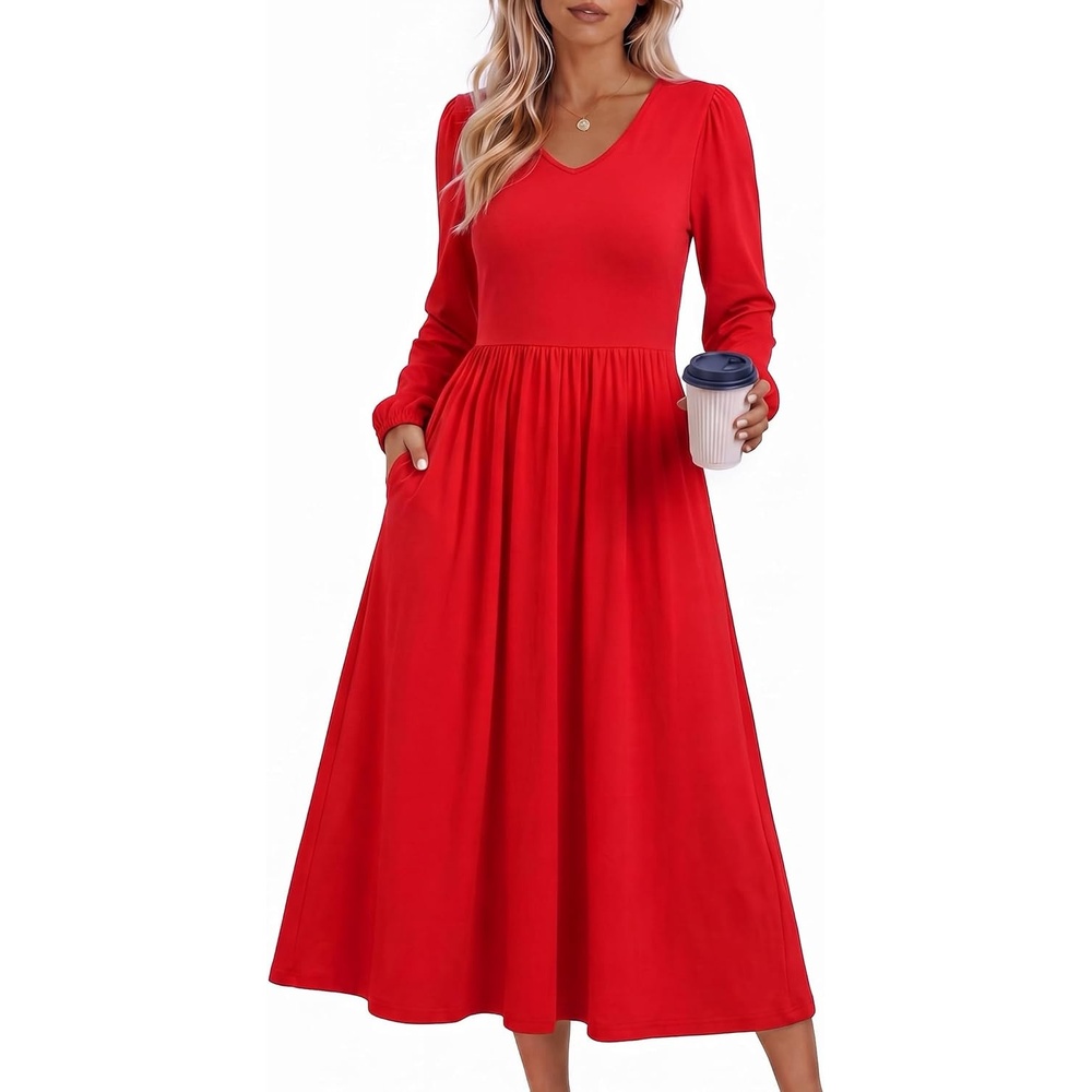 image:imageZeagoo Fall Dresses for Women Casual Long Sleeve A Line V Neck Midi Dress1red