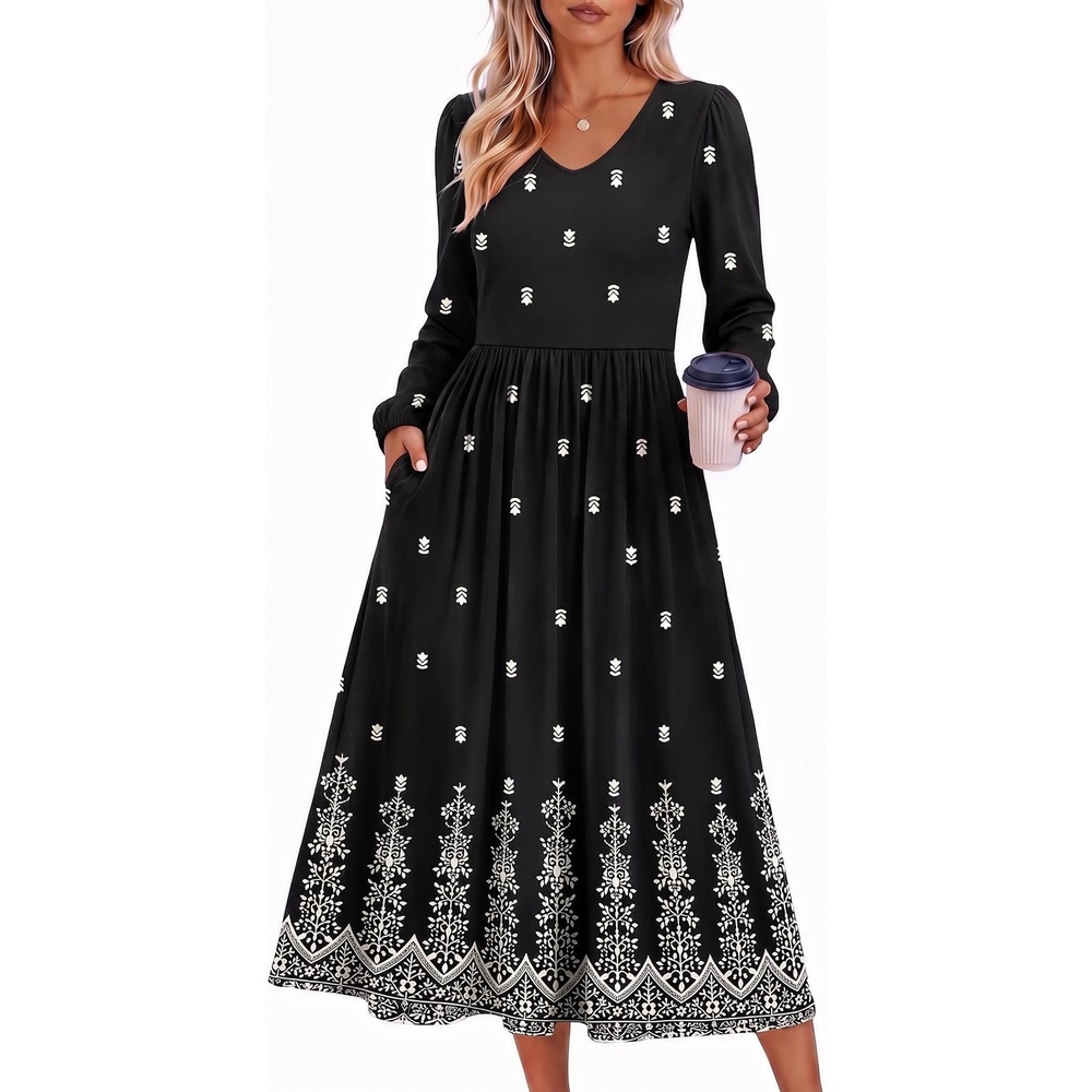 image:imageZeagoo Fall Dresses for Women Casual Long Sleeve A Line V Neck Midi DressBlack Boho Print