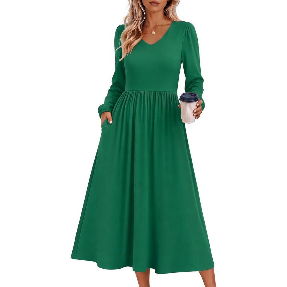 image:imageZeagoo Fall Dresses for Women Casual Long Sleeve A Line V Neck Midi DressDark Green
