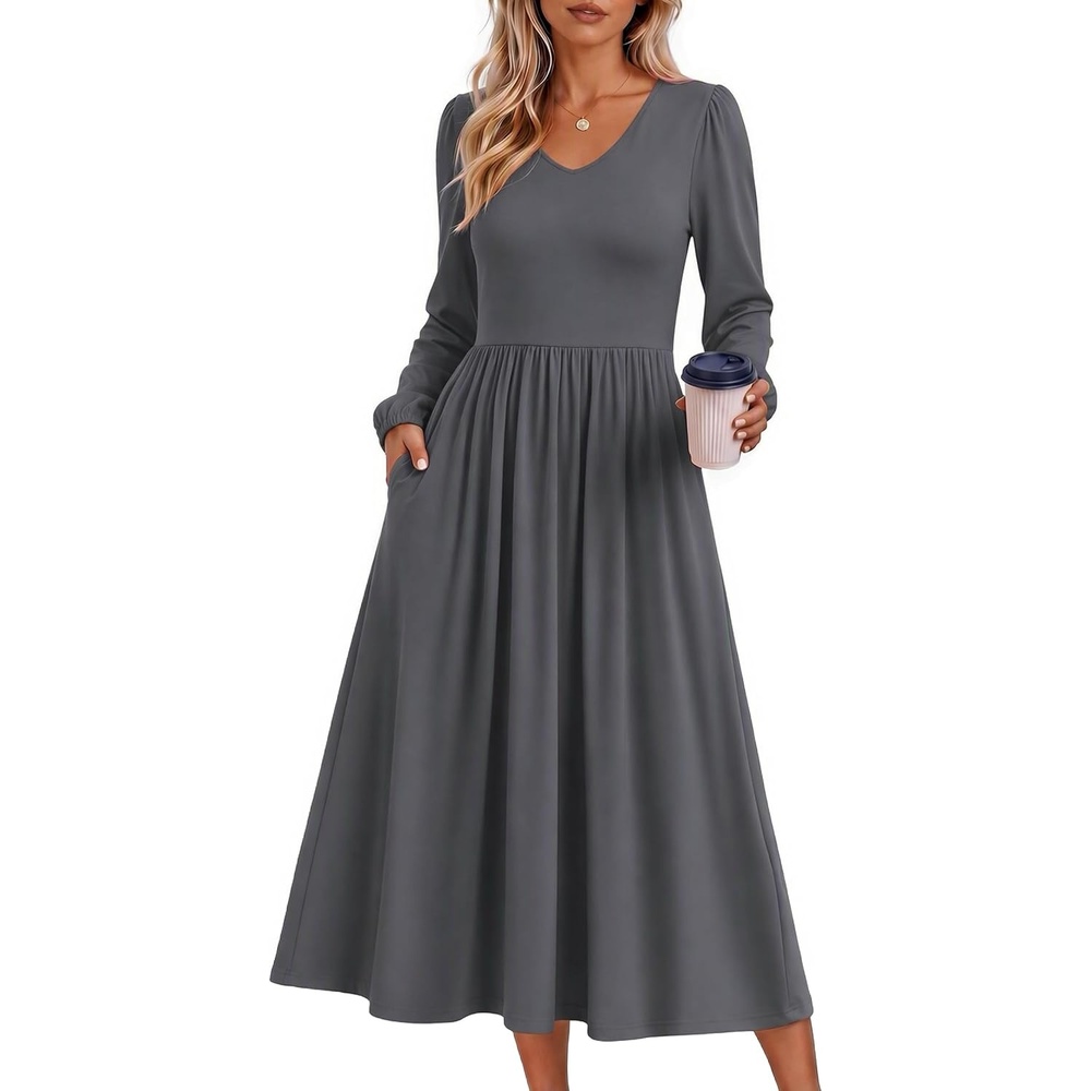 image:imageZeagoo Fall Dresses for Women Casual Long Sleeve A Line V Neck Midi DressDark Grey