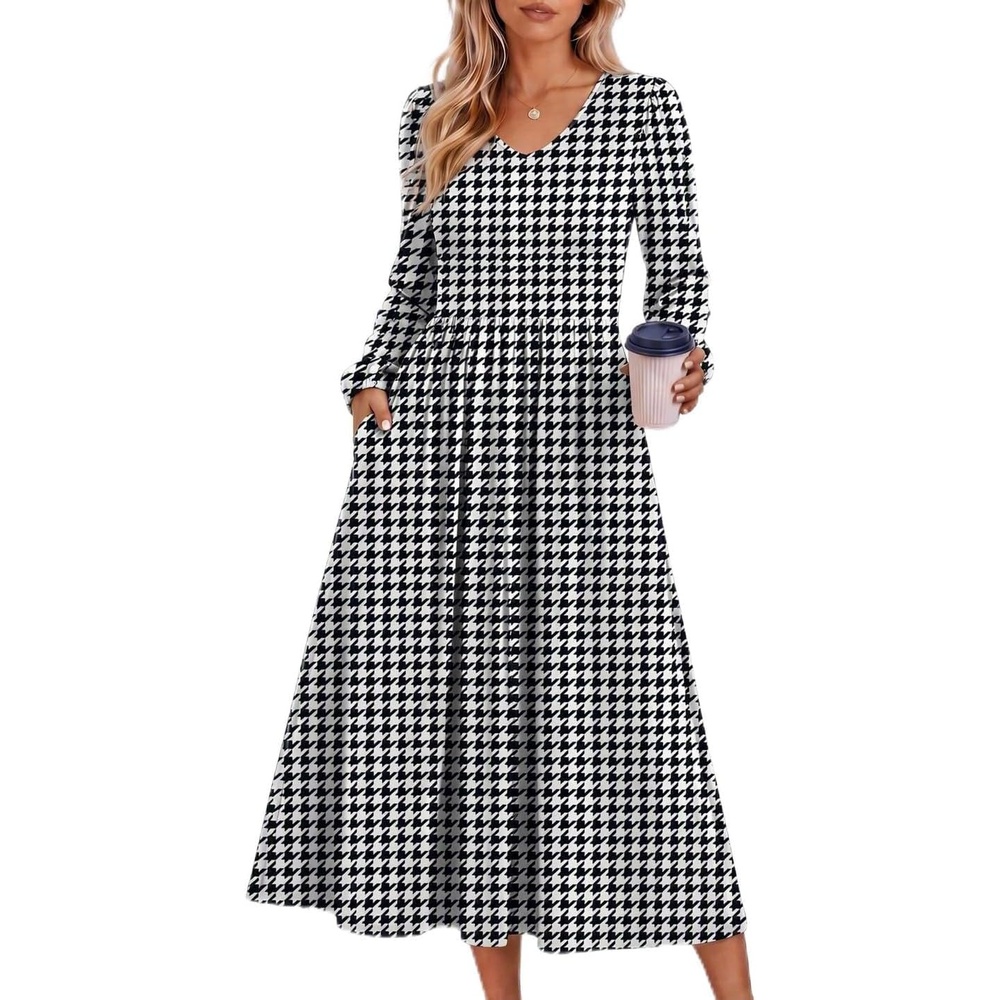 image:imageZeagoo Fall Dresses for Women Casual Long Sleeve A Line V Neck Midi DressHoundstooth