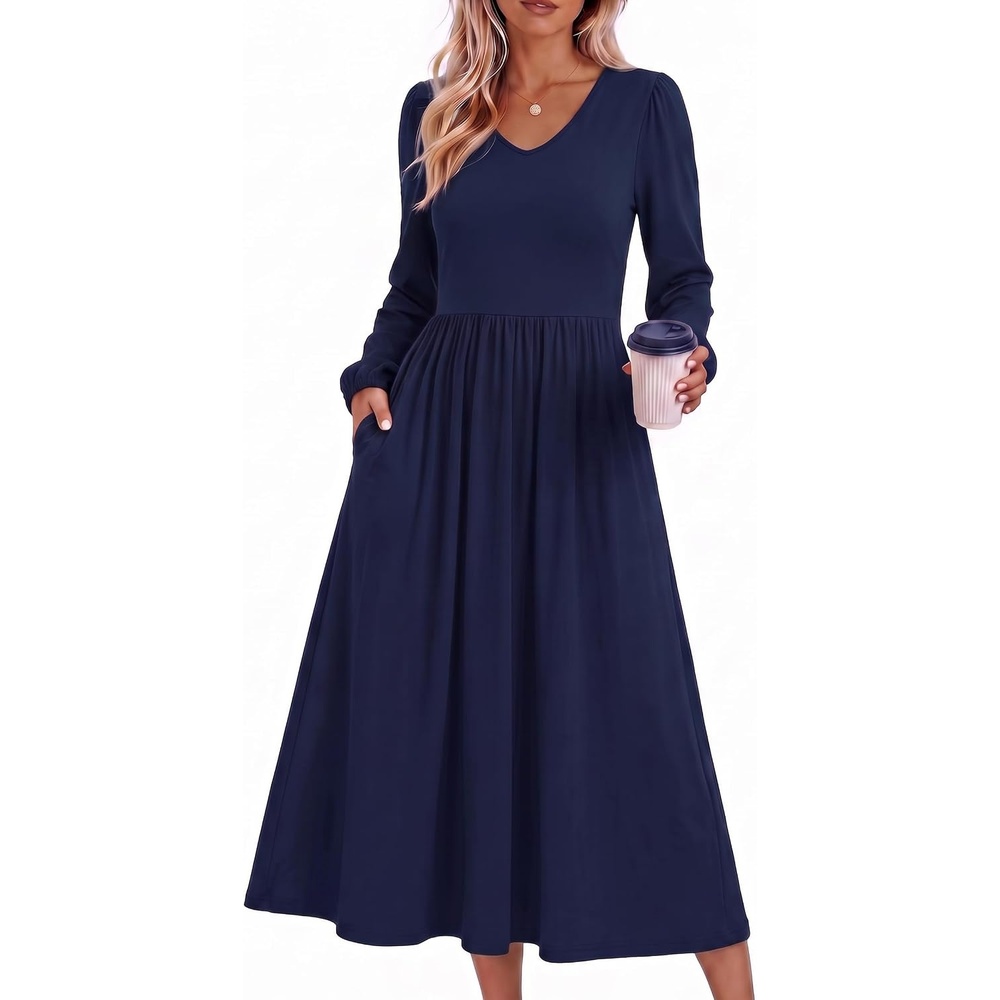 image:imageZeagoo Fall Dresses for Women Casual Long Sleeve A Line V Neck Midi DressNavy Blue