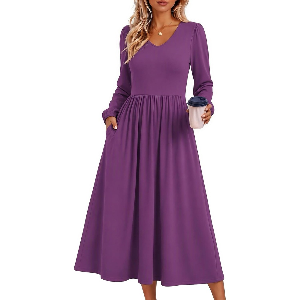image:imageZeagoo Fall Dresses for Women Casual Long Sleeve A Line V Neck Midi DressPurple