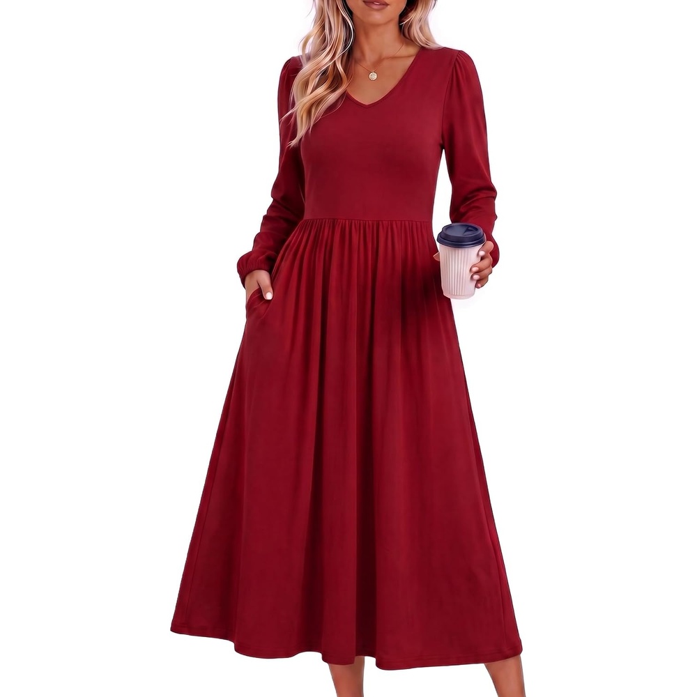 image:imageZeagoo Fall Dresses for Women Casual Long Sleeve A Line V Neck Midi DressWine Red