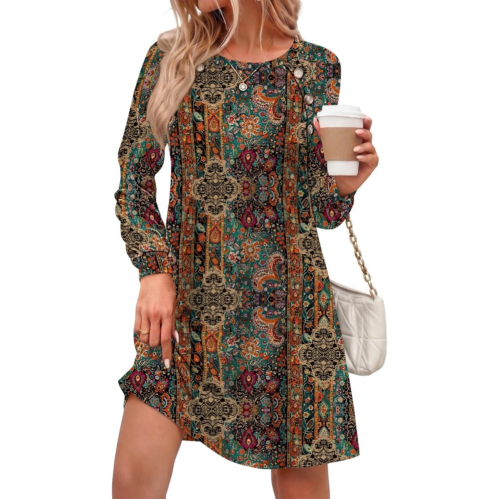 image:imageZeagoo Long Sleeve Tunic Dress Button Crew Neck Casual Fall ALine DressChic Printed