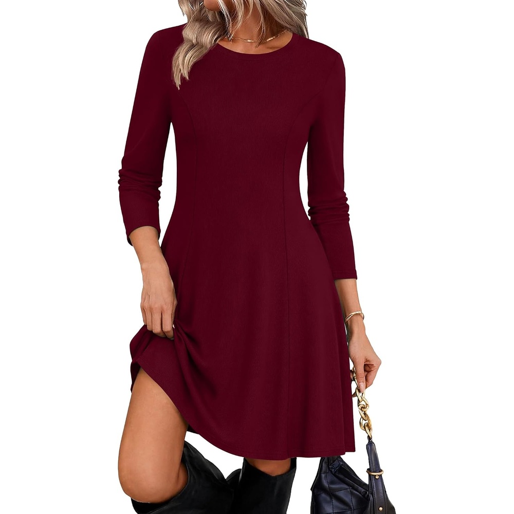 image:imageZeagoo Sweater Dress for Women Fall 2026 Long Sleeve Crew Neck Ribbed Knit Fit and Flare ALine DressesRed