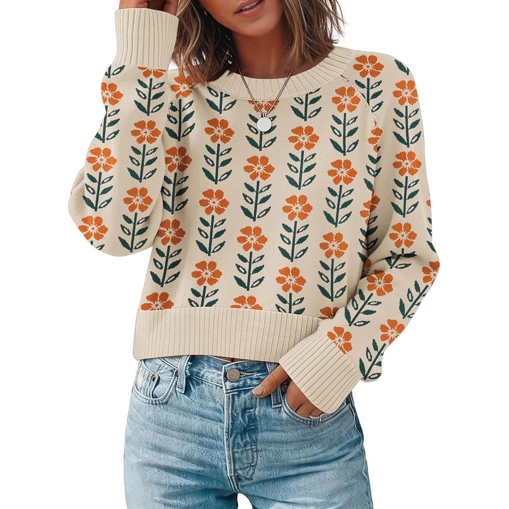 image:imageZeagoo Sweaters for Women Cropped Crewneck Basic 2026 Trendy Fall TopsFloral Apricot
