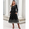 Zeagoo Fall Dresses for Women Casual Long Sleeve A Line V Neck Midi Dress(Black Boho Print)