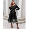Zeagoo Fall Dresses for Women Casual Long Sleeve A Line V Neck Midi Dress(Black Boho Print)