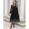 Zeagoo Fall Dresses for Women Casual Long Sleeve A Line V Neck Midi Dress(Black Boho Print)