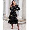 Zeagoo Fall Dresses for Women Casual Long Sleeve A Line V Neck Midi Dress(Black Floral)