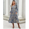 Zeagoo Fall Dresses for Women Casual Long Sleeve A Line V Neck Midi Dress(Ethnic Print)